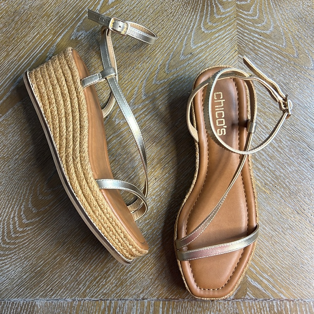 CHICO’S Gold Strap Espadrille Wedge 8